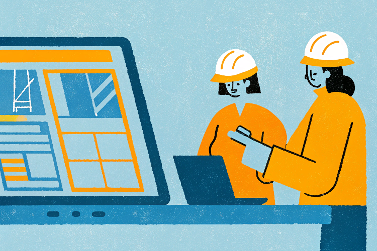 Kaks ehitusinseneri kiivrites töötamas sülearvutiga ehitusprojekti dokumentide kallal