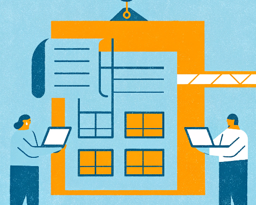 Ehitusprojekti seletuskirja illustratsioon - kaks inimest sülearvutitega töötamas ehitusprojekti joonise juures